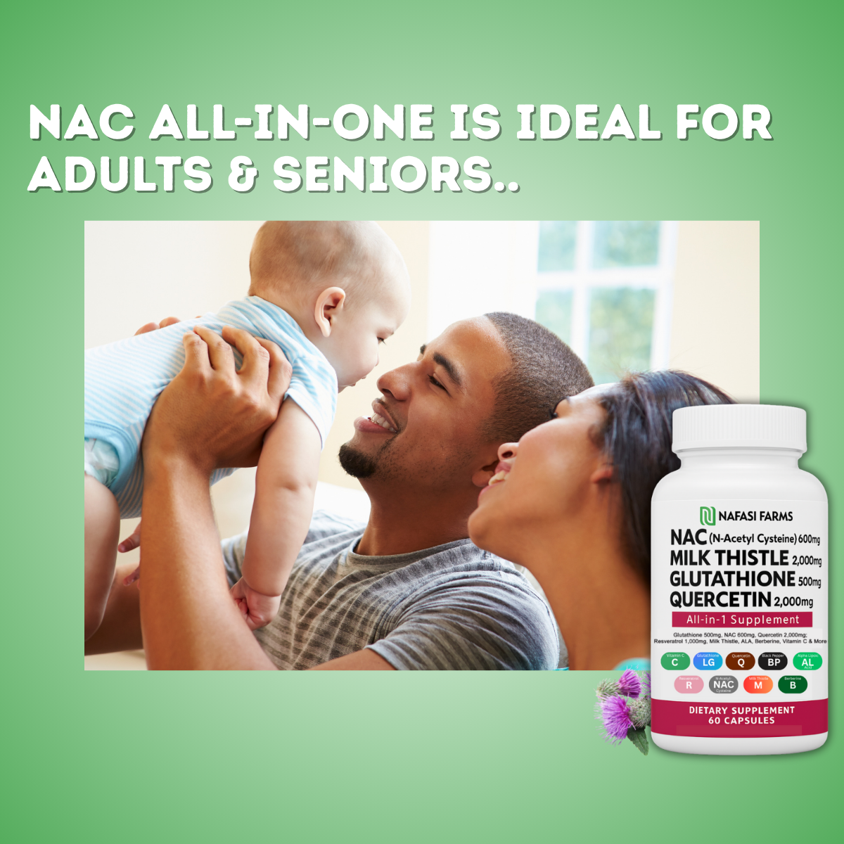 All-in-one NAC Supplement N-Acetyl Cysteine, Quercetin, Milk Thistle, Glutahione, Vitamin C, Black Pepper Extract, Resveratrol, Alpha Lipic Acid, Berberine all natural capsules.