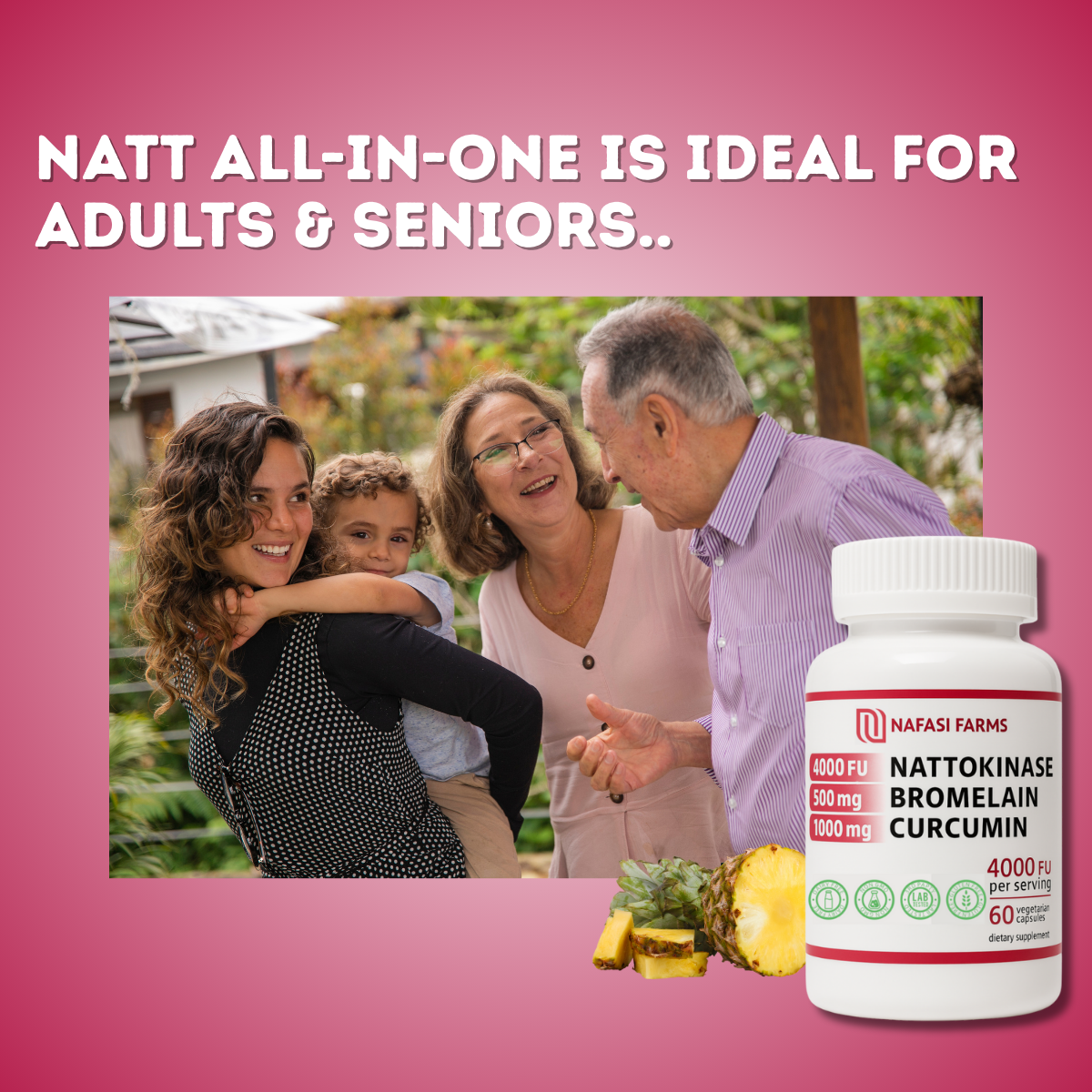 Nafasi Farms Nattokinase 4000 FU + Bromelain 500 mg + Curcumin 1000 mg with Black Pepper • 60 Vegetarian Capsules