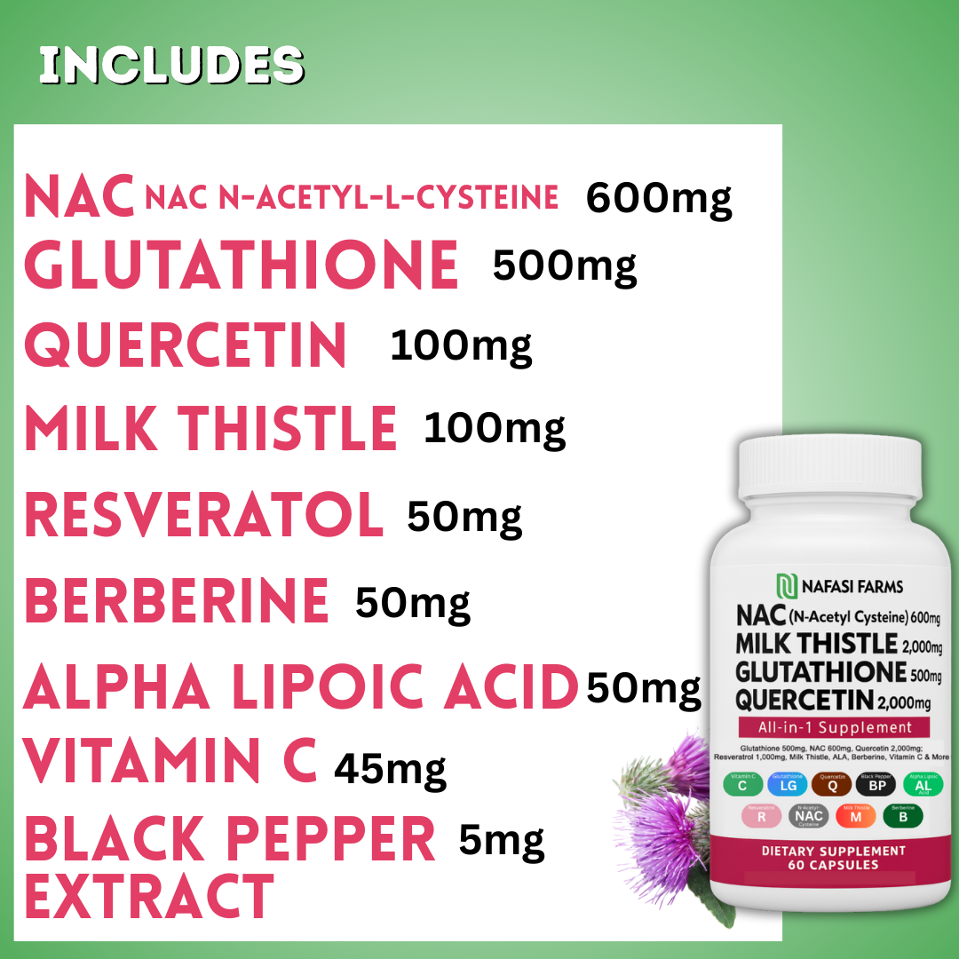 All-in-one NAC Supplement N-Acetyl Cysteine, Quercetin, Milk Thistle, Glutahione, Vitamin C, Black Pepper Extract, Resveratrol, Alpha Lipic Acid, Berberine all natural capsules.