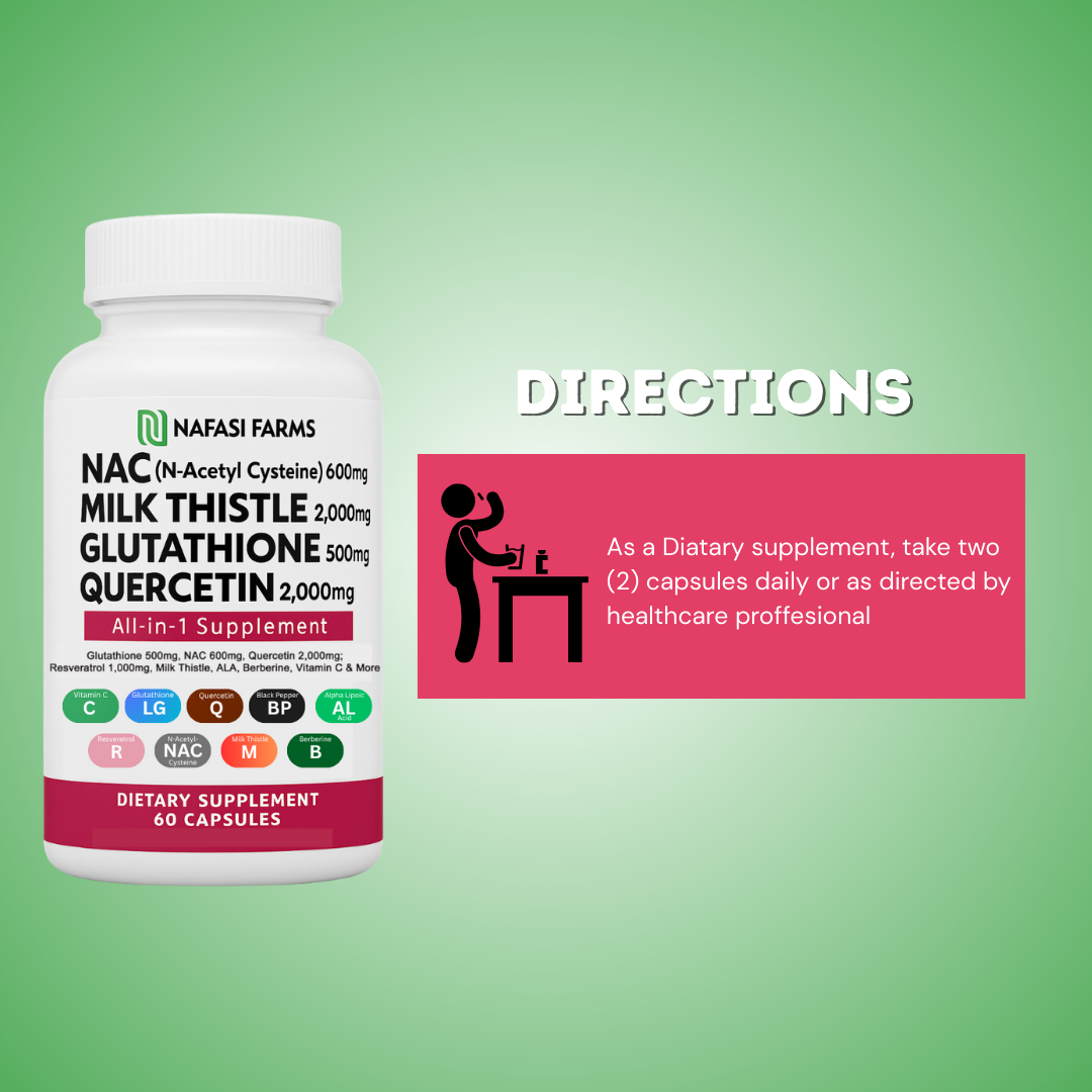 All-in-one NAC Supplement N-Acetyl Cysteine, Quercetin, Milk Thistle, Glutahione, Vitamin C, Black Pepper Extract, Resveratrol, Alpha Lipic Acid, Berberine all natural capsules.