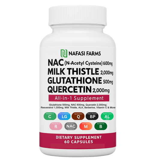 All-in-one NAC Supplement N-Acetyl Cysteine, Quercetin, Milk Thistle, Glutahione, Vitamin C, Black Pepper Extract, Resveratrol, Alpha Lipic Acid, Berberine all natural capsules.