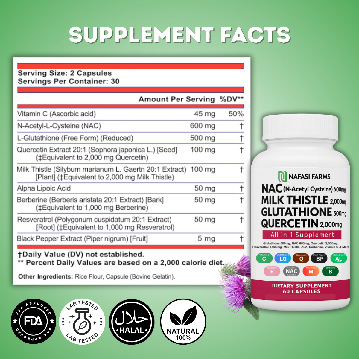 All-in-one NAC Supplement N-Acetyl Cysteine, Quercetin, Milk Thistle, Glutahione, Vitamin C, Black Pepper Extract, Resveratrol, Alpha Lipic Acid, Berberine all natural capsules.
