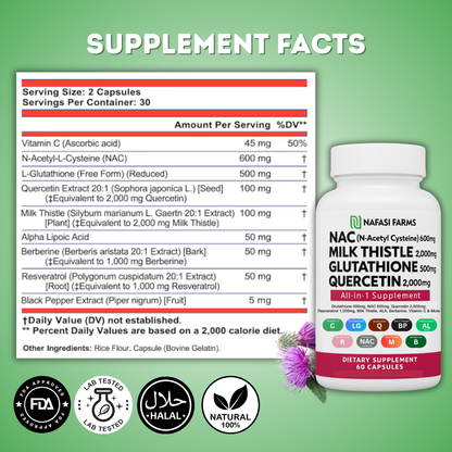 All-in-one NAC Supplement N-Acetyl Cysteine, Quercetin, Milk Thistle, Glutahione, Vitamin C, Black Pepper Extract, Resveratrol, Alpha Lipic Acid, Berberine all natural capsules.