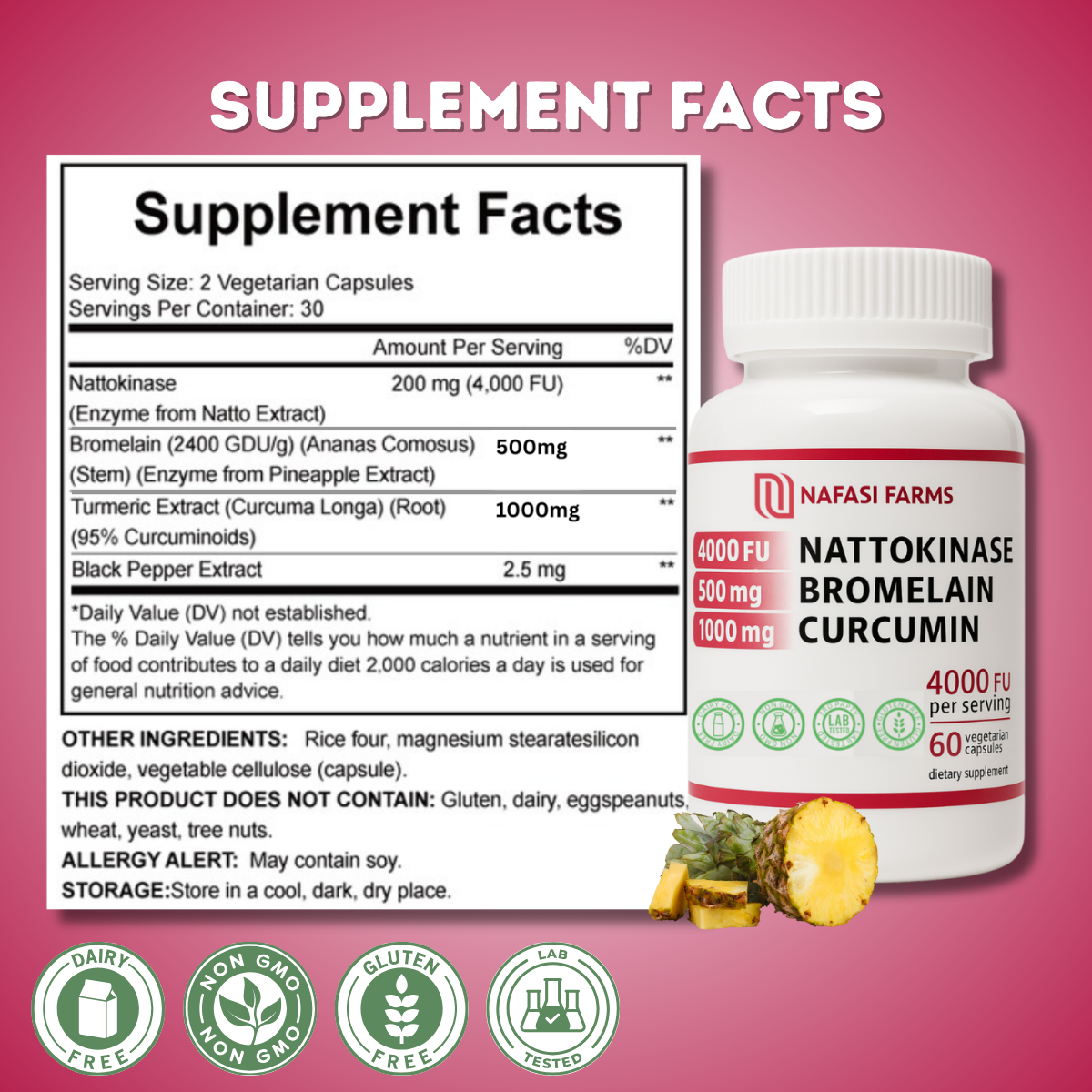 Nafasi Farms Nattokinase 4000 FU + Bromelain 500 mg + Curcumin 1000 mg with Black Pepper • 60 Vegetarian Capsules